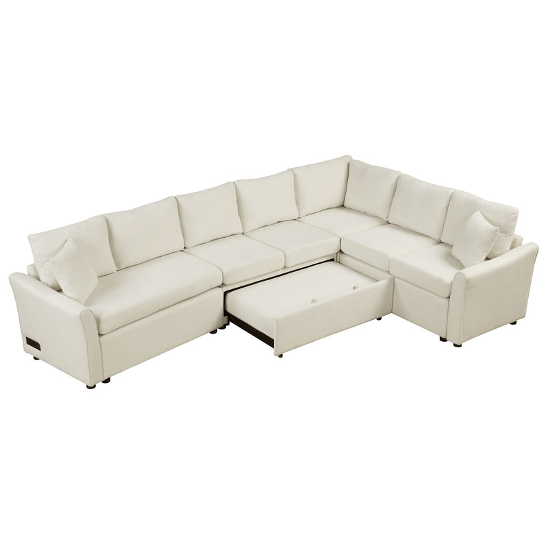 L-Shaped Sofa Convertible Sofa Bed Pull Out Sofa Sleeper With Two Back Pillows, Two USB Ports And Two Power Sockets For Living Room