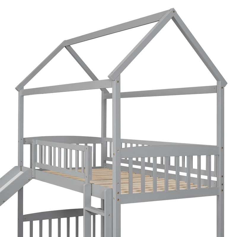 Twin Over Twin Bunk Bed with Slide, House Bed with Slide, Gray(OLD SKU: LT000213AAE