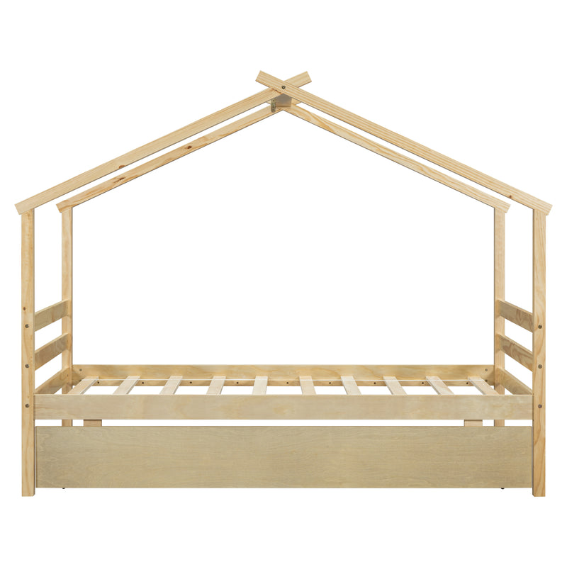 Twin Size  House-shaped Bed with Trundle,Natural