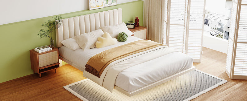 Queen Size Upholstered Bed With Sensor Light And Headboard, Floating Velvet Platform Bed - Beige