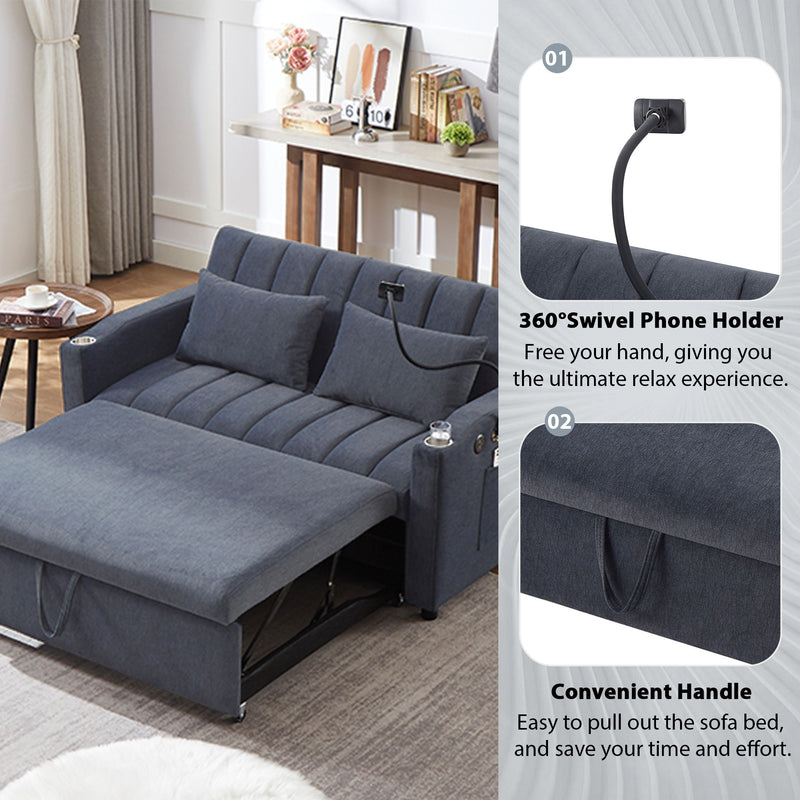 Convertible Sofa Bed Loveseat Sofa With Three USB Ports, Two Side Pockets, Two Cup Holders And 360° swivel Phone Holder For Living Room