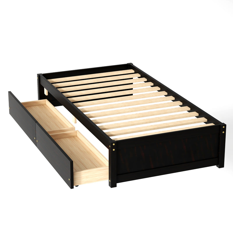 Twin Bed with 2 Drawers, Solid Wood, No Box Spring Needed ,Espresso(New SKU:W504P149043)