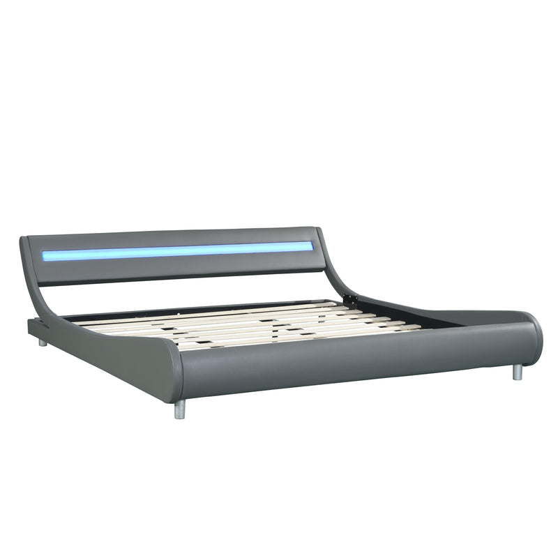 Upholstered Platform Bed Frame With LED Lighting, Curve Design, Wood Slat Support, No Box Spring Needed