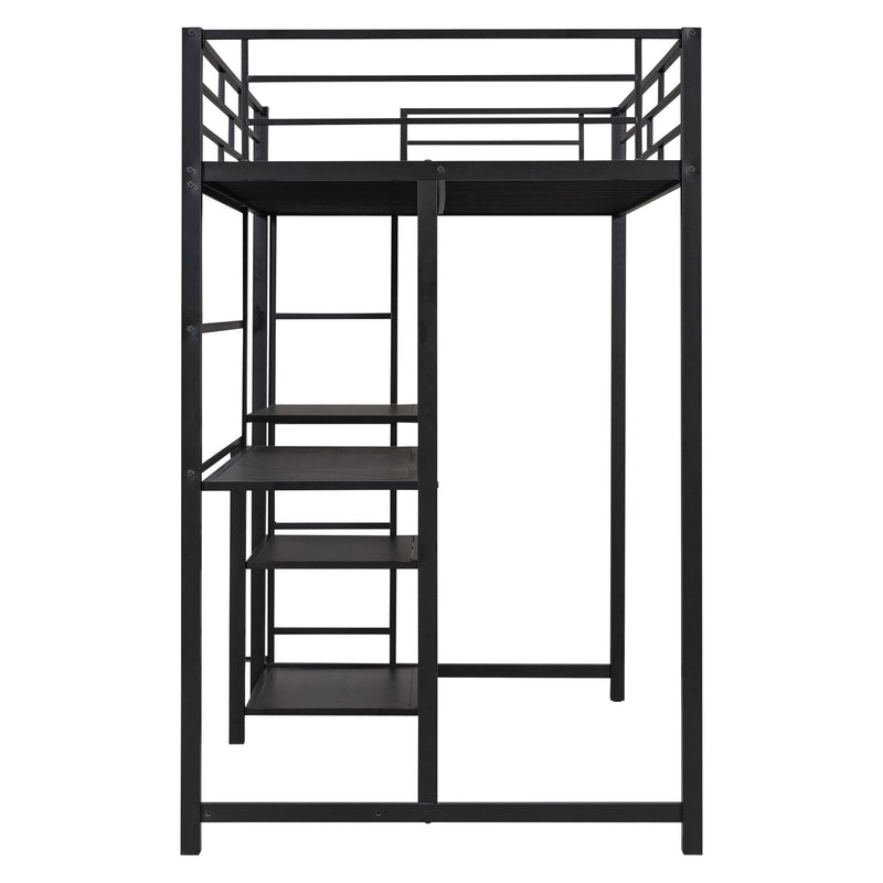 Loft Bed With Desk And Whiteboard, Metal Loft Bed With 3 Shelves And Ladder