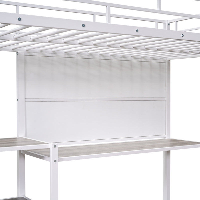 Twin Size Loft Bed With Desk And Whiteboard, Metal Loft Bed With 3 Shelves And Ladder - White