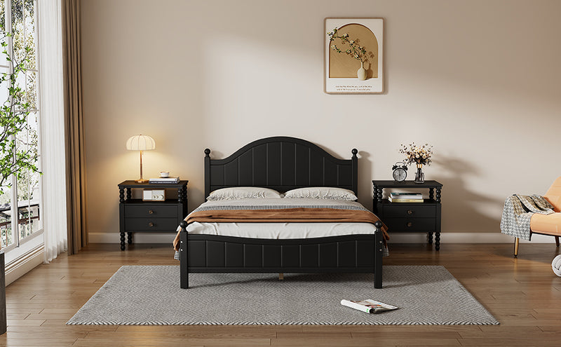 Traditional Concise Style Black Solid Wood Platform Bed, No Need Box Spring, Queen