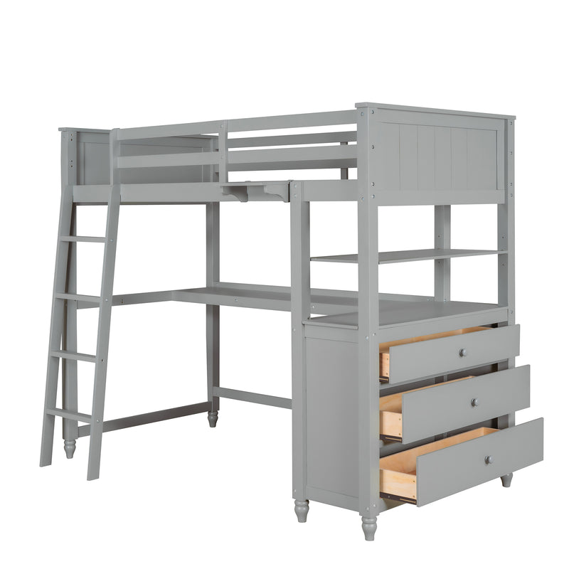 Twin size Loft Bed with Drawers and Desk, Wooden Loft Bed with Shelves - Gray(OLD SKU: LT001530AAE)