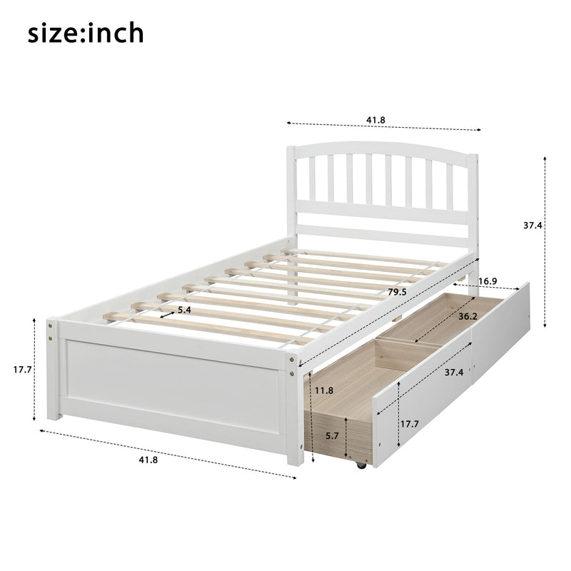 Twin Platform Storage Bed Wood Bed Frame With Two Drawers And Headboard - White