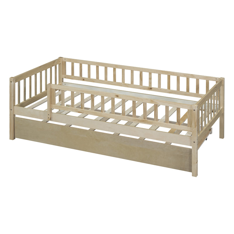 Twin Size Wood Daybed with Trundle and Fence Guardrails, Natural