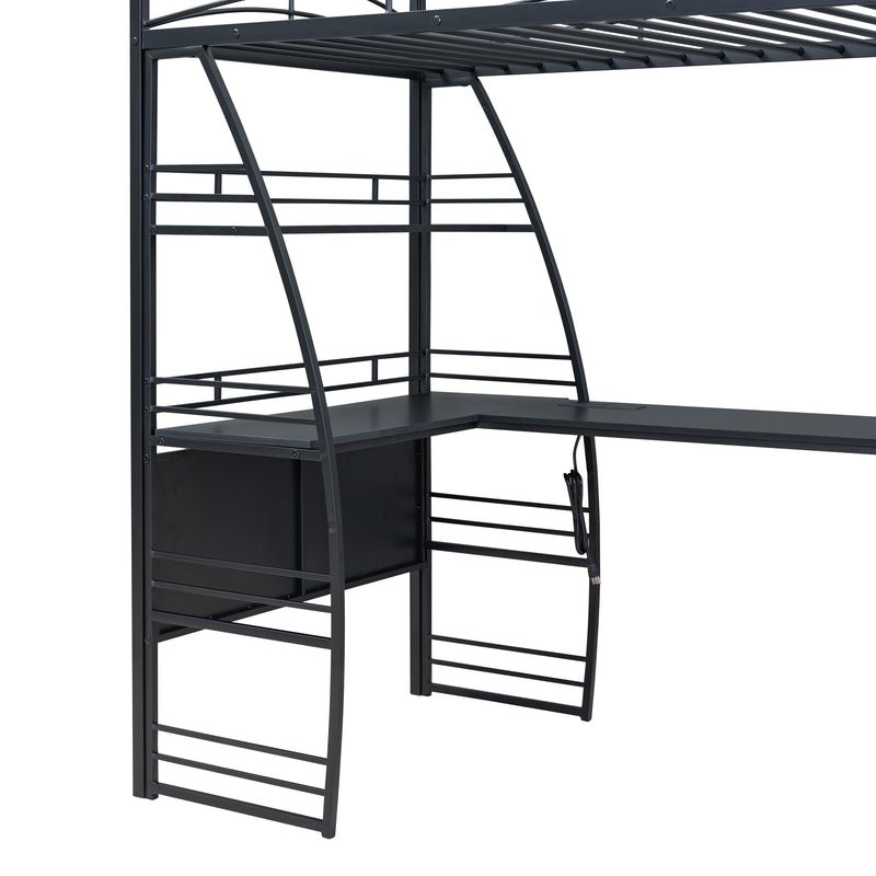 Twin Size Loft Bed with 4 Layers of Shelves and L-shaped Desk, Stylish Metal Frame Bed with a set of Sockets, USB Ports and Wireless Charging, Black