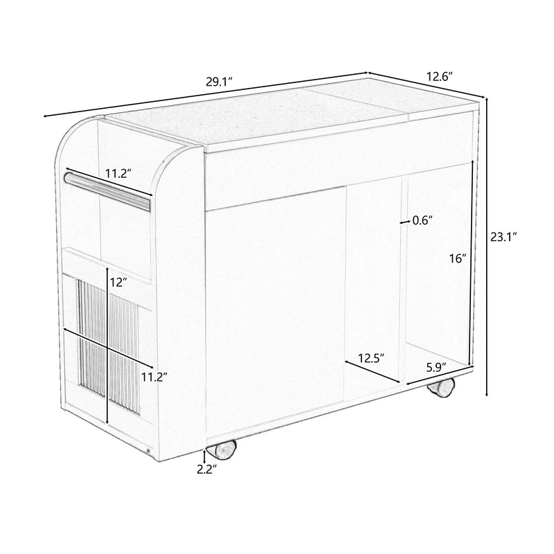 Multifunctional Extendable End Table With Wheels, Side Table With Tempered Glass Door, 2 Storage Shelves, 2 Drawers For Living Room