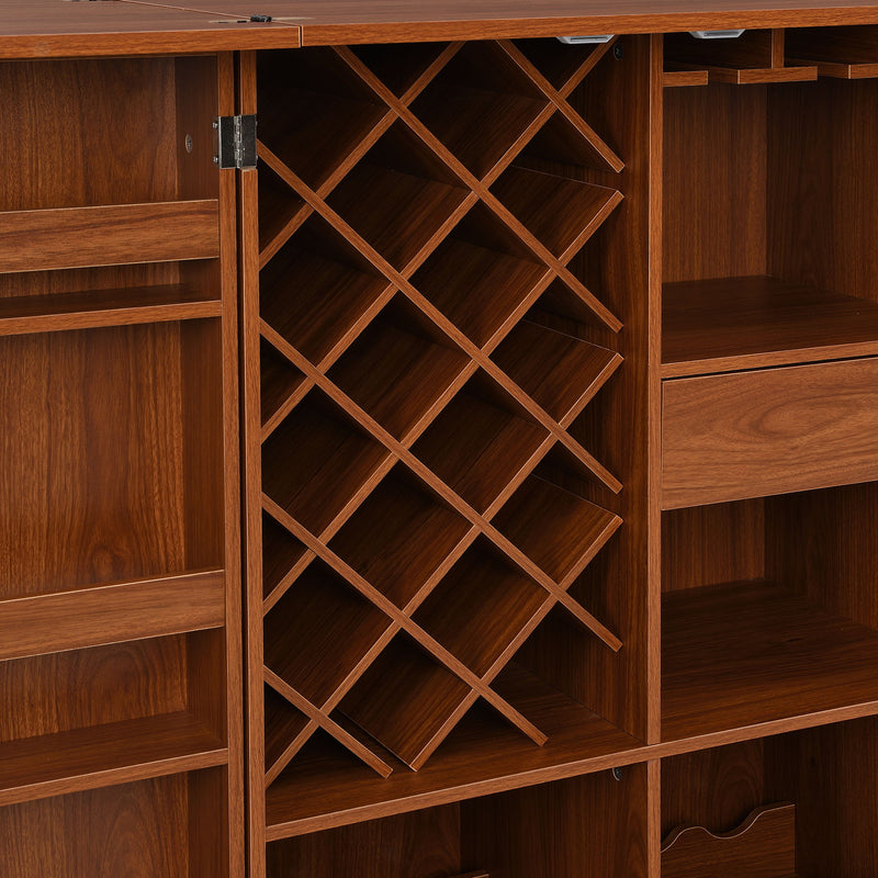 Home Bar Cabinet, Industrial Rattan Door Fold Out Bar Cabinet With Storage Bar Table - Walnut