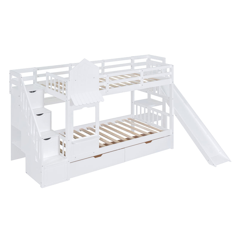 Twin-Over-Twin Castle Style Bunk Bed with 2 Drawers 3 Shelves and Slide - White