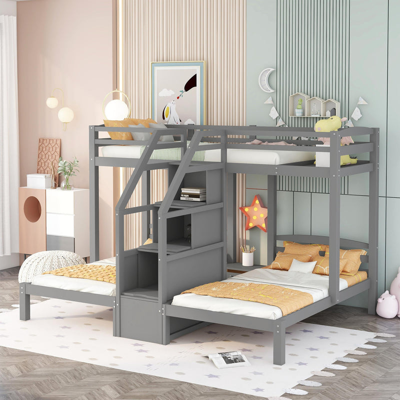 Twin over Twin & Twin Bunk Bed with Built-in Staircase and Storage Drawer,Gray