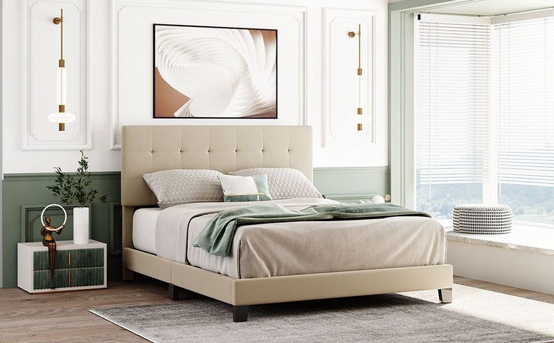 Queen Size Upholstered Platform Bed With Tufted Headboard, No Box Spring Needed - Beige