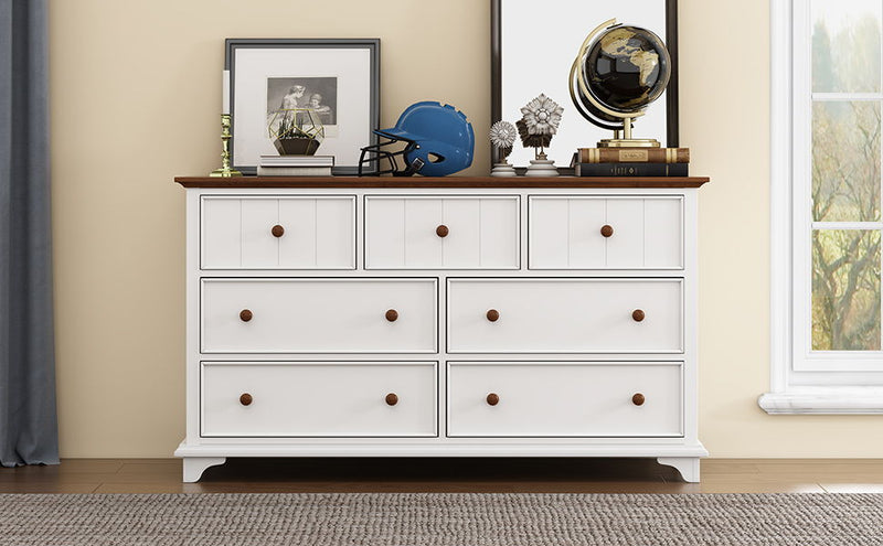 Wooden Captain Seven Drawer Dresser For Bedroom, Living Room, Kids' Room - White / Walnut