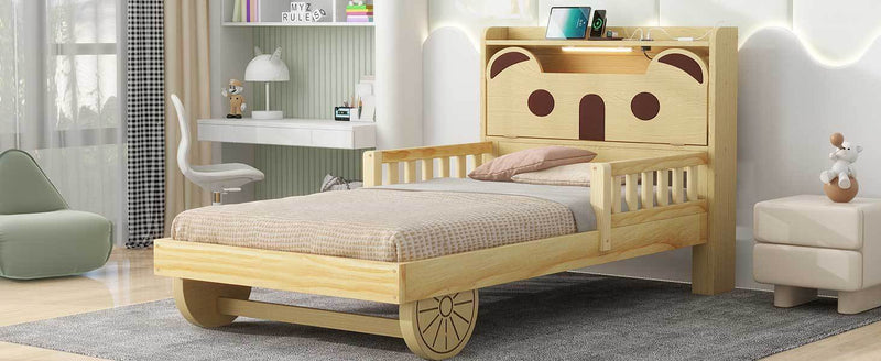 Twin Size Car Bed with Bear-Shaped Headboard, USB and LED, Natural