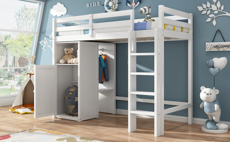 Twin Loft Bed with Wardrobe, Storage Shelves and Ladder, White