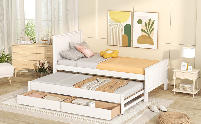 Twin Size Platform Bed with Trundle and Drawers, White