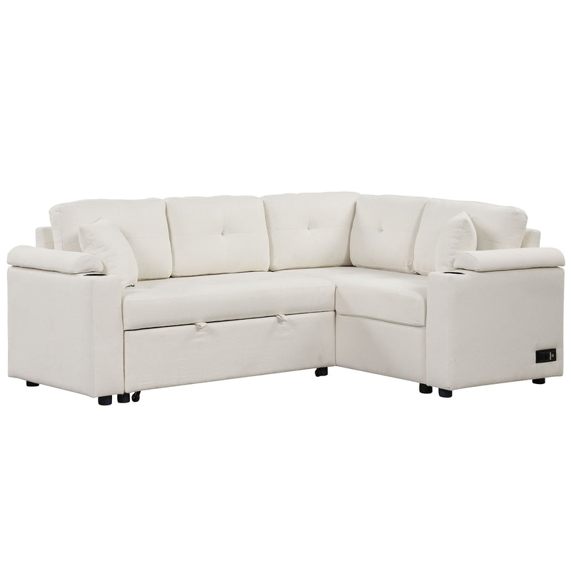 L-Shape Sofa Bed Pull-Out Sleeper Sofa With Wheels, USB Ports, Power Sockets For Living Room