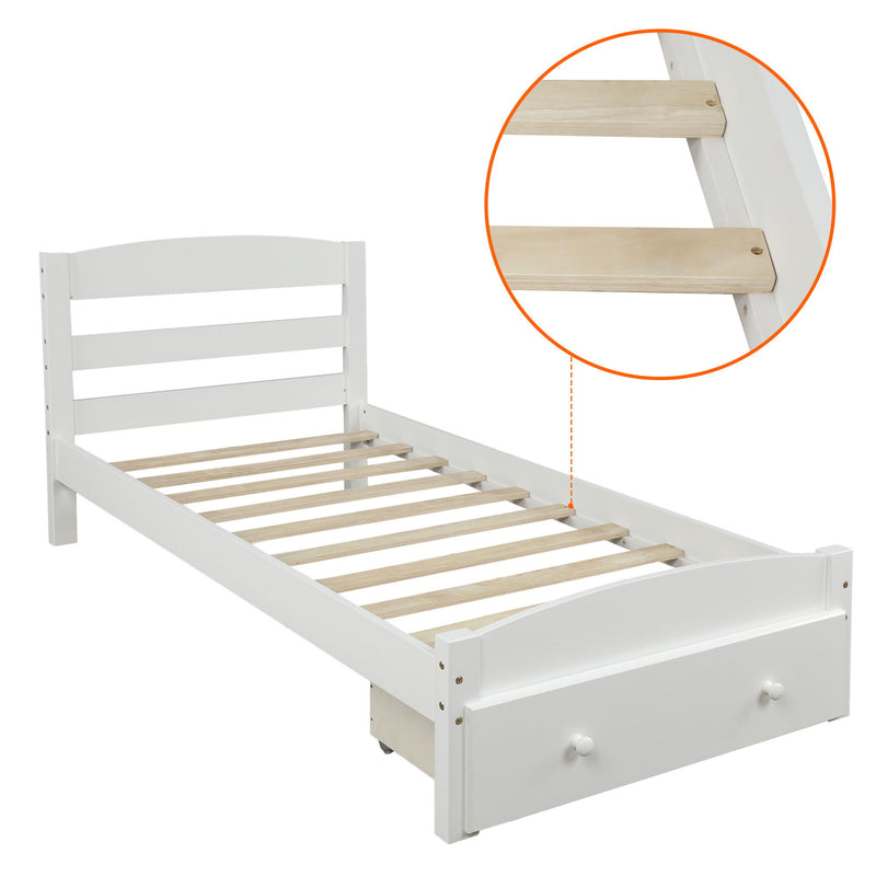 Twin Platform Bed Frame With Storage Drawer And Wood Slat Support No Box Spring Needed - White