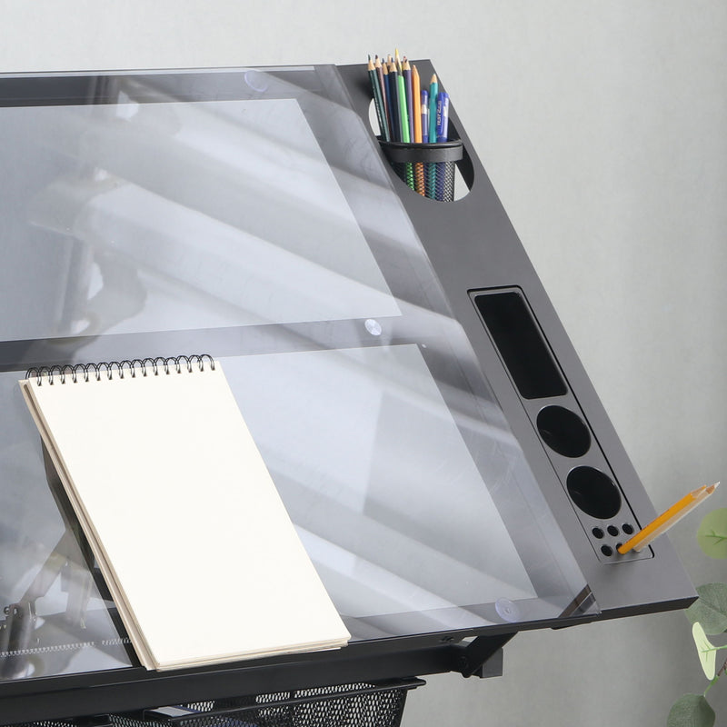 Adjustable Tempered Glass Drafting Printing Table - Black