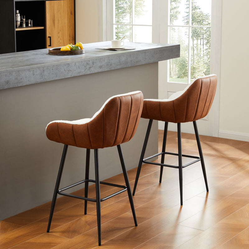 Modern Counter Height Bar Stools (Set of 2), Mid-Century Leather Upholstered Accent Arm Bar Stools, Leisure Side Chair With Metal Legs For Kitchen & Dining Room - Dark Brown / White