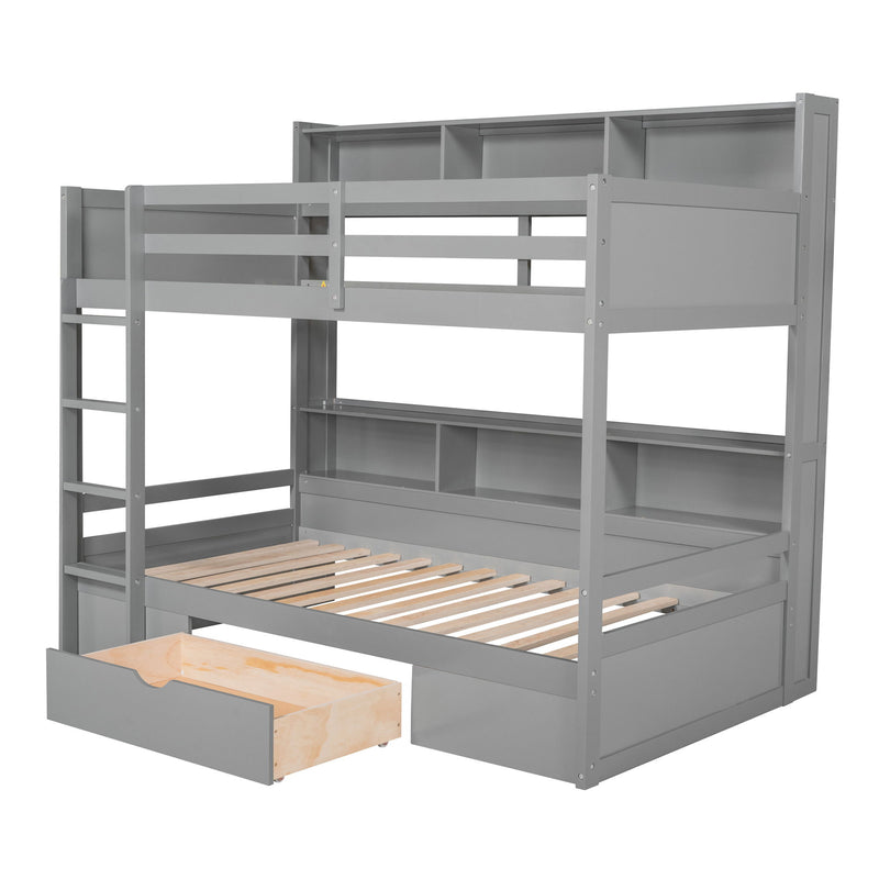 Twin Size Bunk Bed With Built-In Shelves Beside Both Upper And Down Bed And Storage Drawer