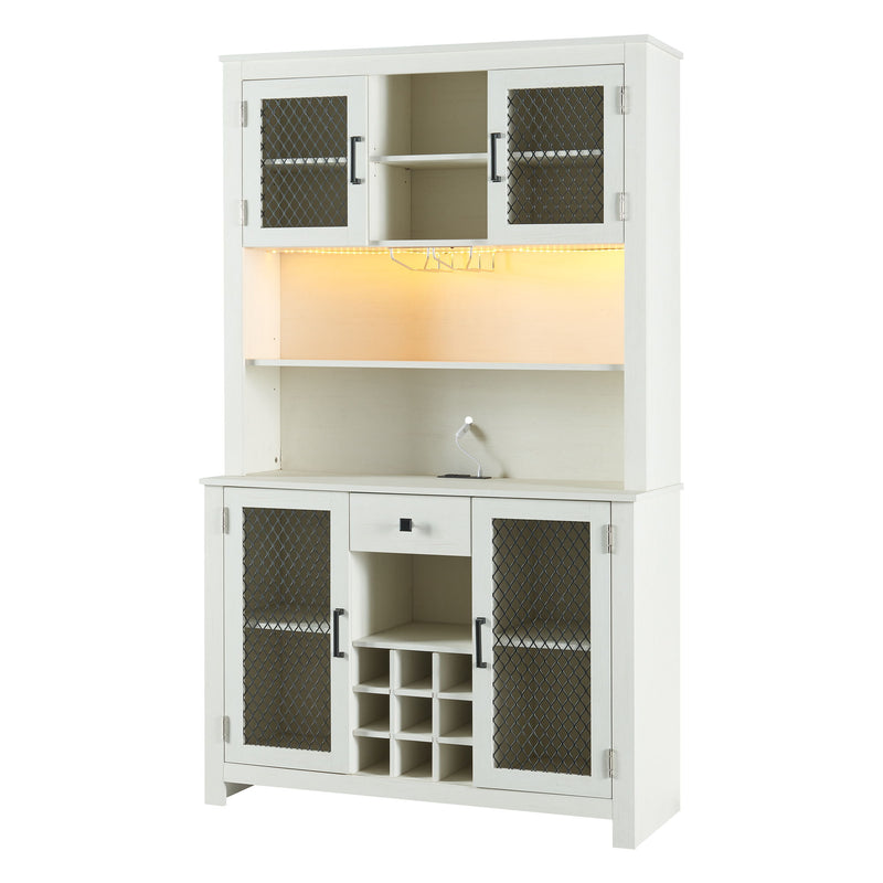 Kitchen Pantry Storage Cabinet Rustic Buffet Cabinet, Kitchen Hutch Cabinet With LED Outlets Food Pantry Cabinet With Doors And Shelves Wine Rack For Dining Room - Antique White