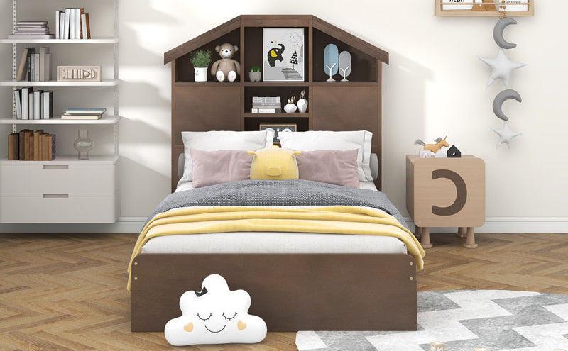 Twin Size Wood Platform Bed with House-shaped Storage Headboard and 2 Drawers, Walnut