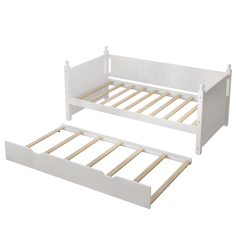 Twin Size Solid Wood Daybed with Trundle for Limited Space Kids, Teens, Adults, No Need Box Spring, White