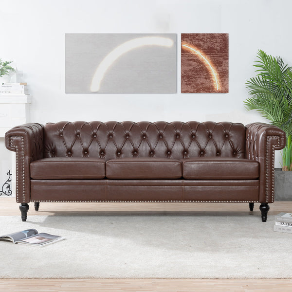 83.66" Width Traditional Square Arm Removable Cushion 3 Seater Sofa - Dark Brown