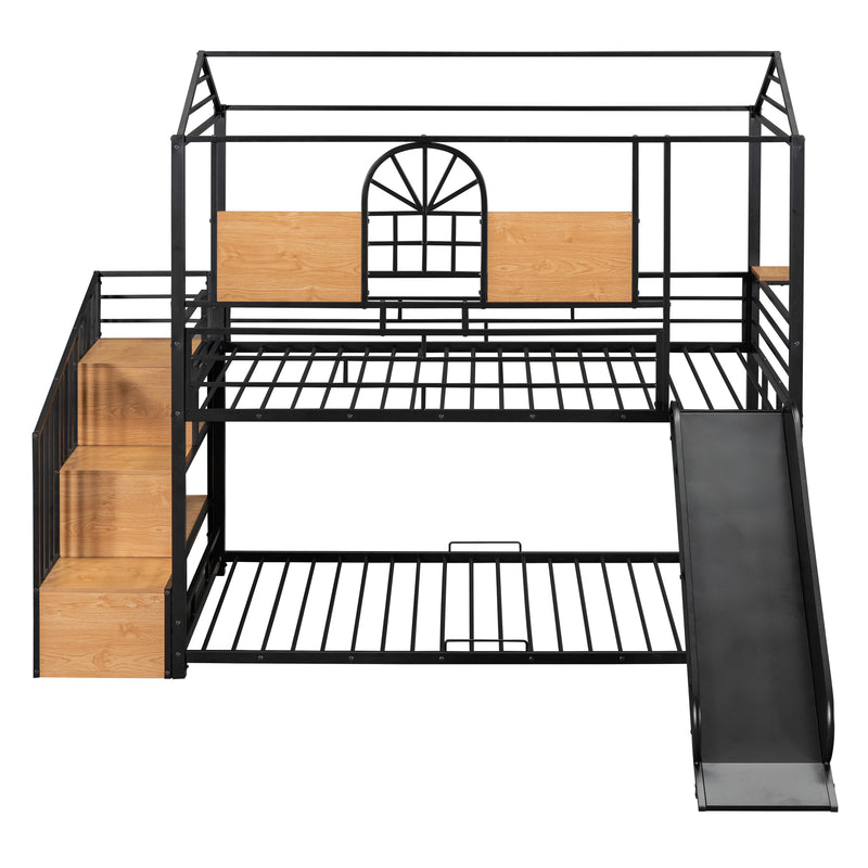 Twin Over Twin Metal Bunk Bed, Metal Housebed with Slide and Storage Stair, Black with Black Slide