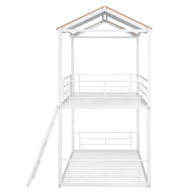 Twin Over Twin Bunk Bed Metal Bed with Half Roof, Guardrail and Ladder White