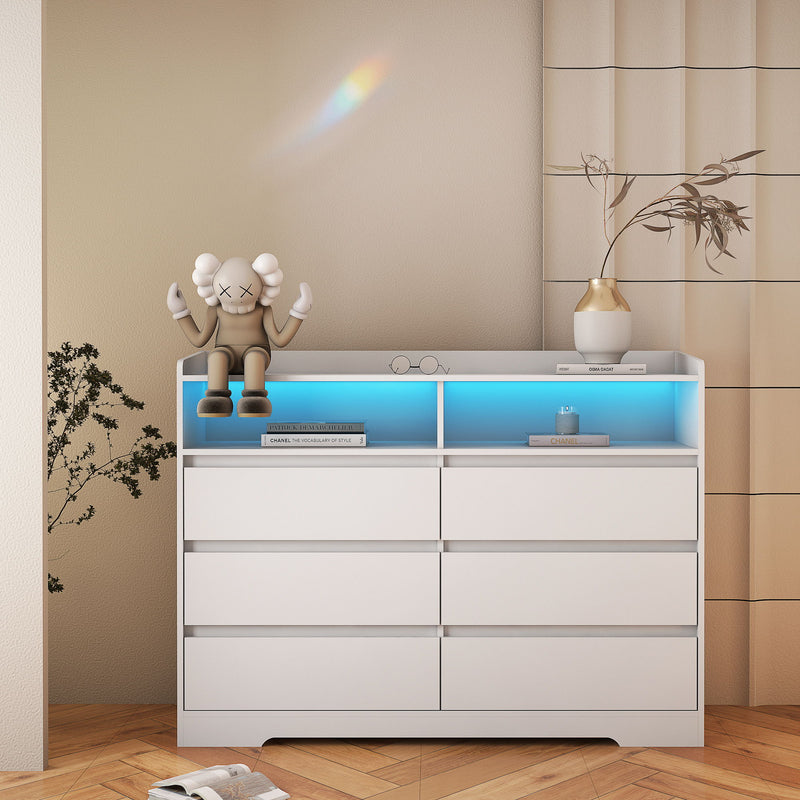 6 Drawer Dresser For Bedroom With LED Lights, Sturdy Frame - White