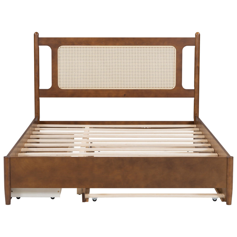 Wooden Rattan Platform Bed, With 2 Big Drawers & Trundle