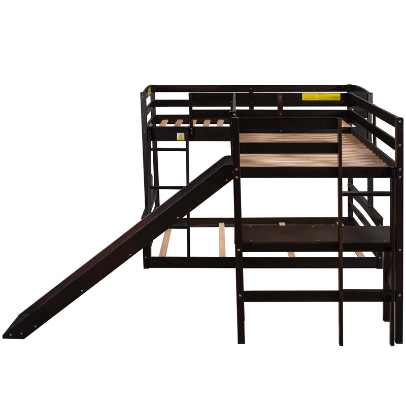 Twin over Full Bunk Bed with Twin Size Loft Bed with Desk and Slide,Full-Length Guardrail, Espresso