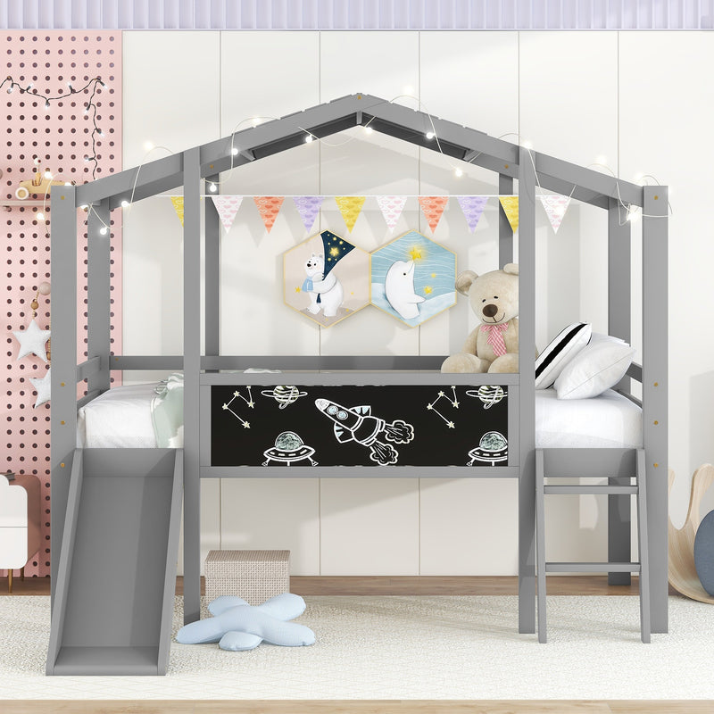 Twin Size Loft Bed with Ladder and Slide, House Bed with Blackboard and Light Strip on the Roof, Gray