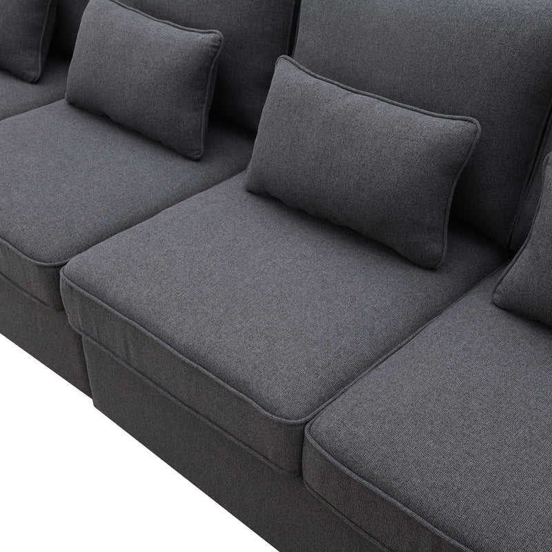 4 Seater Modern Linen Sofa With Armrest Pockets And 4 Pillows, Minimalist Style Couch For Living Room