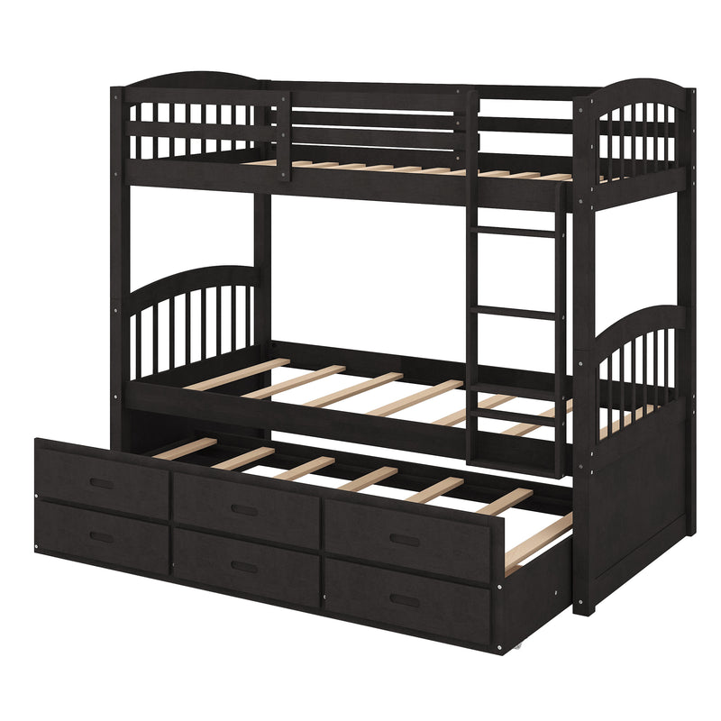 Twin over Twin Wood Bunk Bed with Trundle and Drawers, Espresso