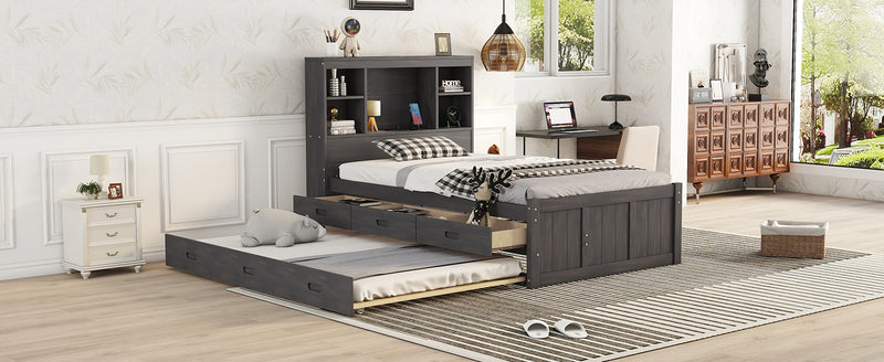 Twin Size Platform Bed with Storage Headboard, Charging Station, Twin Size Trundle and 3 Drawers, Antique Brown