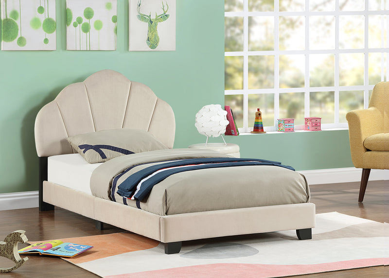 Upholstered Twin Size Platform Bed for Kids, with Slatted Bed Base, No Box Spring Needed, Beige color, Shell Design