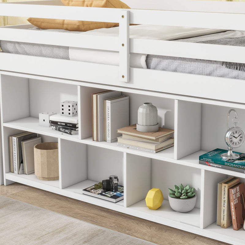 Twin House Loft Bed With Roof Frame, Under Bed Shelving Storage Unit, Guardrails, Ladder - White