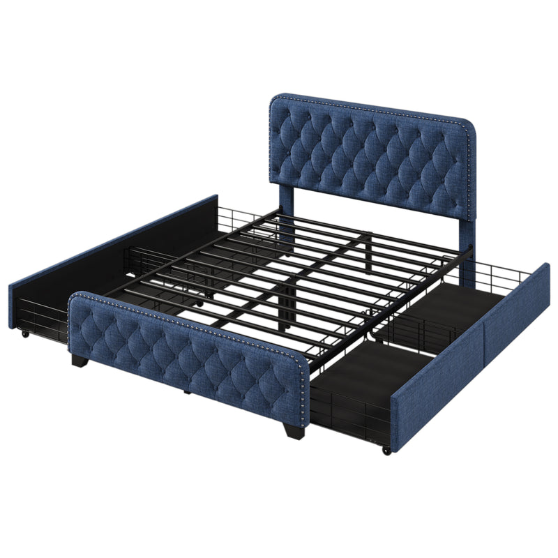 Upholstered Platform Bed Frame with Four Drawers, Button Tufted Headboard and Footboard Sturdy Metal Support, No Box Spring Required, Blue, Full (Old sku:BS300281AAC)