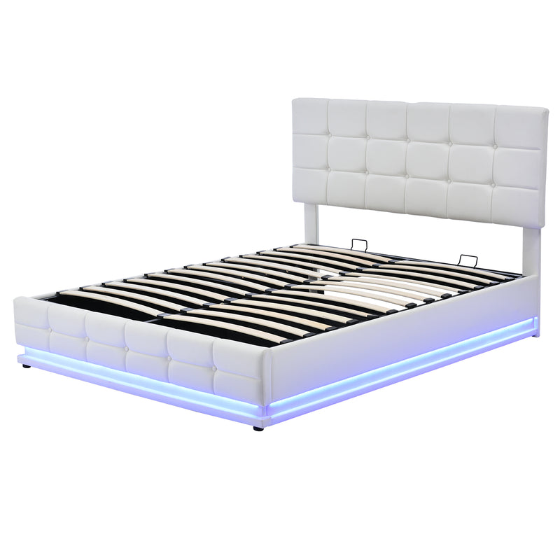 Tufted Upholstered Platform Bed with Hydraulic Storage System,Queen Size PU Storage Bed with LED Lights and USB charger, White