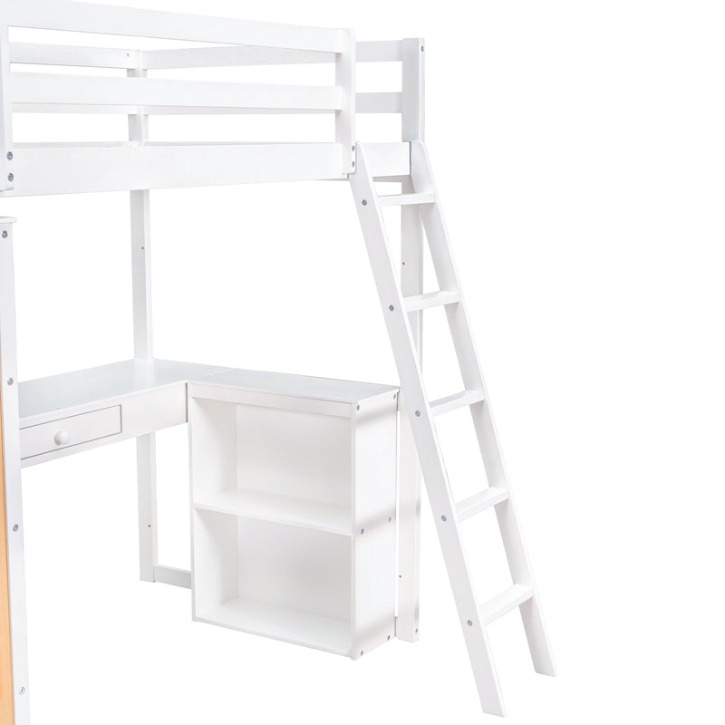 Twin Size Loft Bed with Ladder, Shelves, and Desk, White(OLD SKU:LT000225AAK)