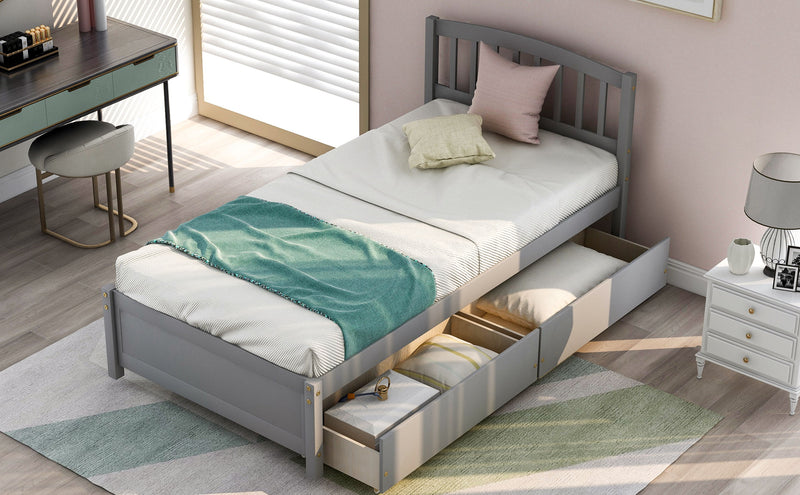 Twin Platform Storage Bed Wood Bed Frame With Two Drawers And Headboard - Gray