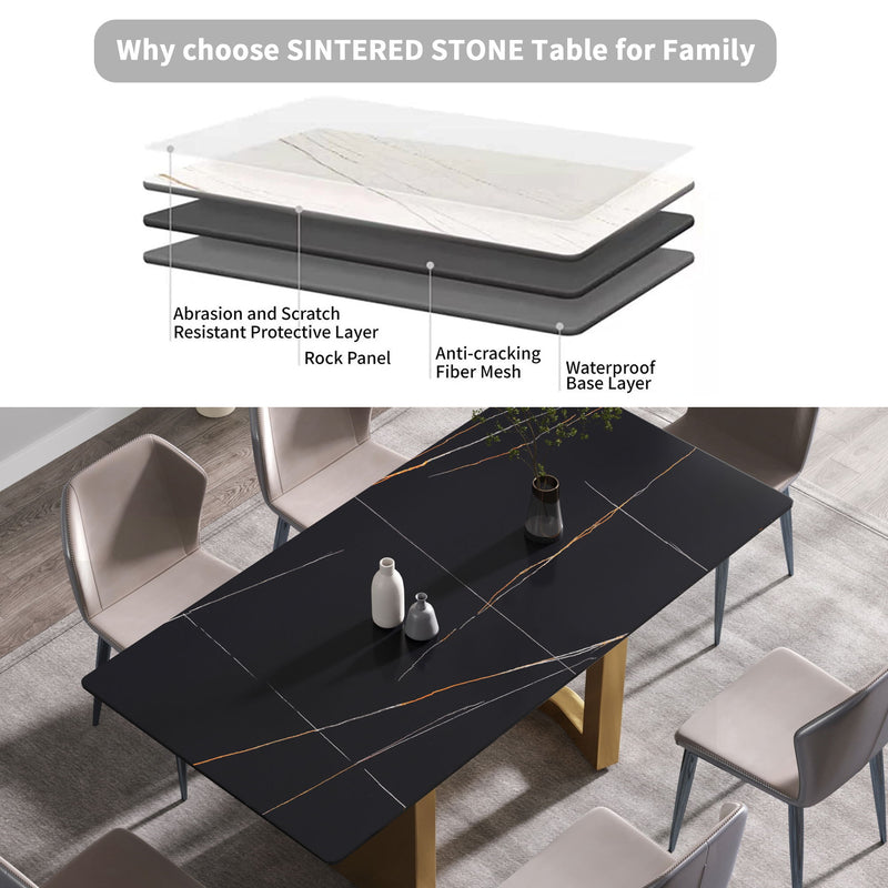 70.87" Modern Artificial Stone Black Straight Edge Golden Metal Leg Dining Table, Can Accommodate 6-8 People - Black / Gold