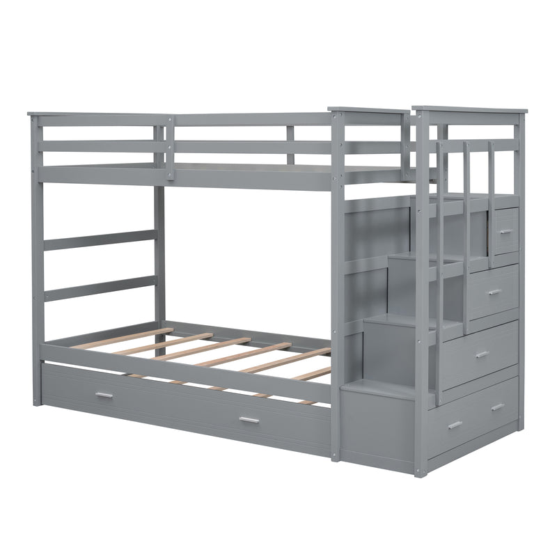 Twin Over Twin Bunk Bed with Trundle and Staircase,Gray(OLD SKU:LT000068AAE)