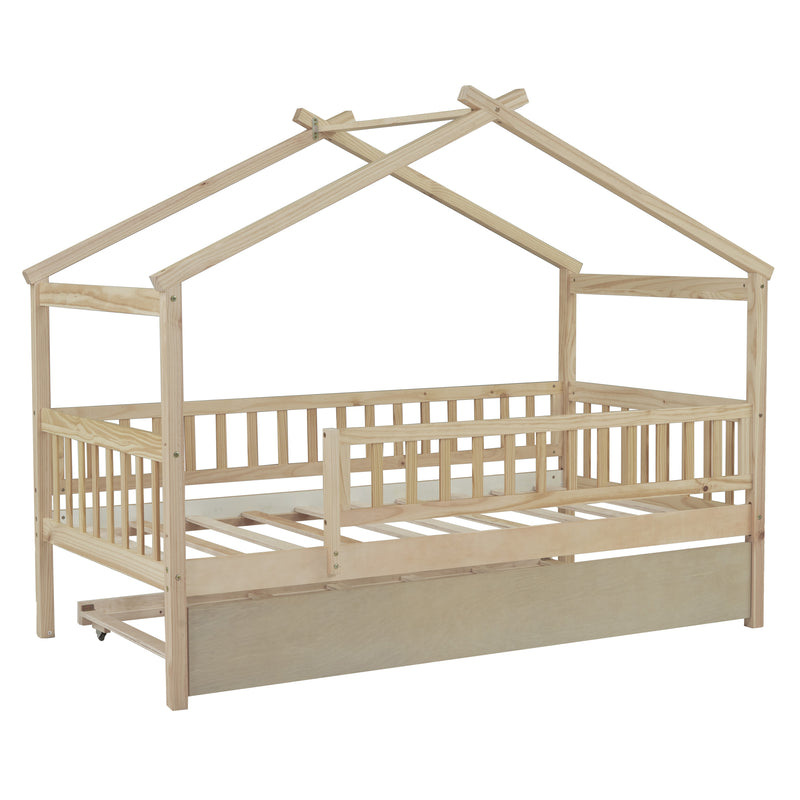 Twin Size Wooden House Bed with Twin Size Trundle, Natural